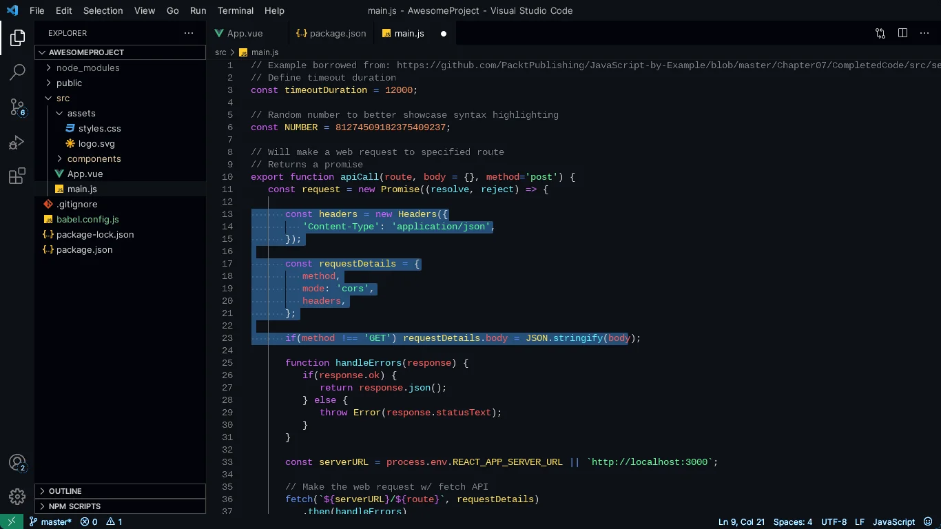 alpha dark — JavaScript editor view