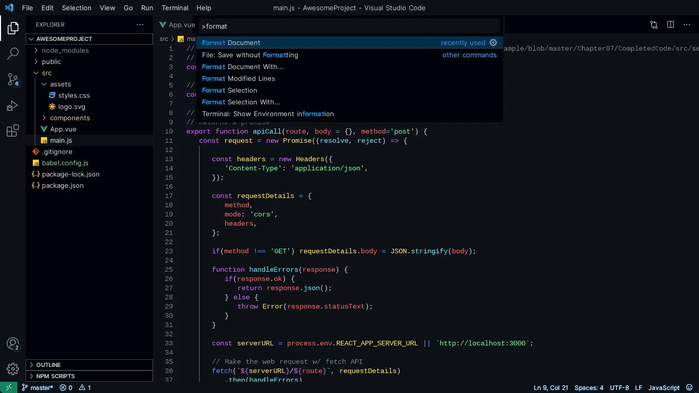 alpha dark — command palette open